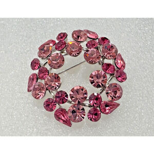 Vintage Signed Alfred SUNG Brooch Pin Pink Rhinestones Round Circle Sparkly